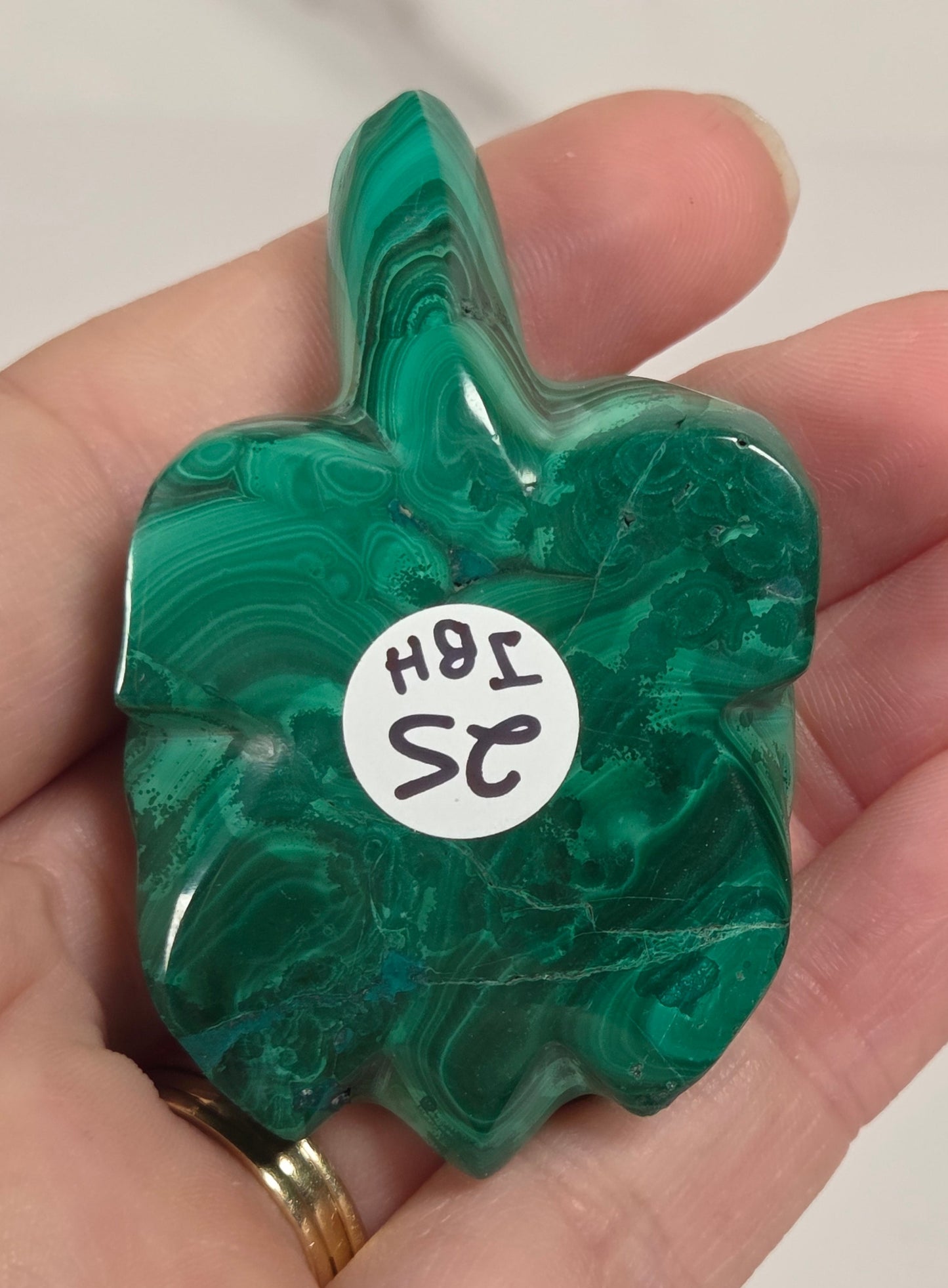 A hand holding a polished green malachite pendant shaped like a stylized leaf or shield, with a small white circular sticker reading 'HGL SC' on the front.