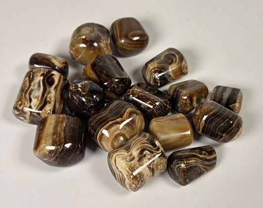 A collection of chocolate calcite tumbles with brown banding on a white background