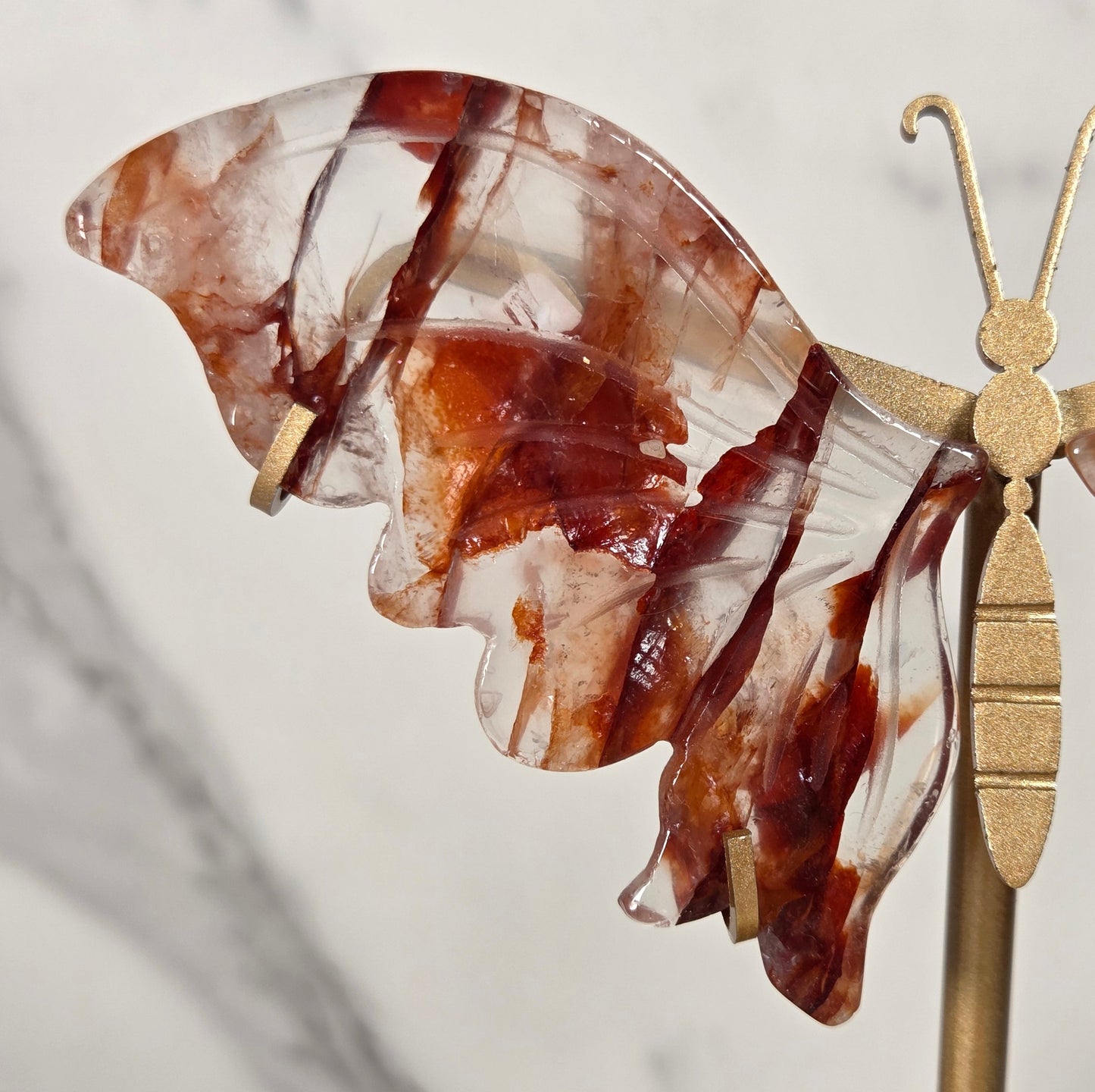 A close-up of a decorative butterfly wall hanging with translucent brown and white marbled wings attached to a gold-toned metal rod mounted on a wall.