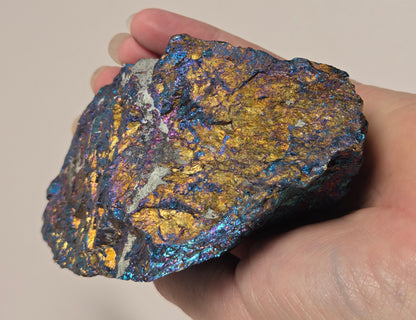 A hand holding an iridescent metallic mineral specimen showing shimmering gold, blue, and purple tones against a plain beige background.
