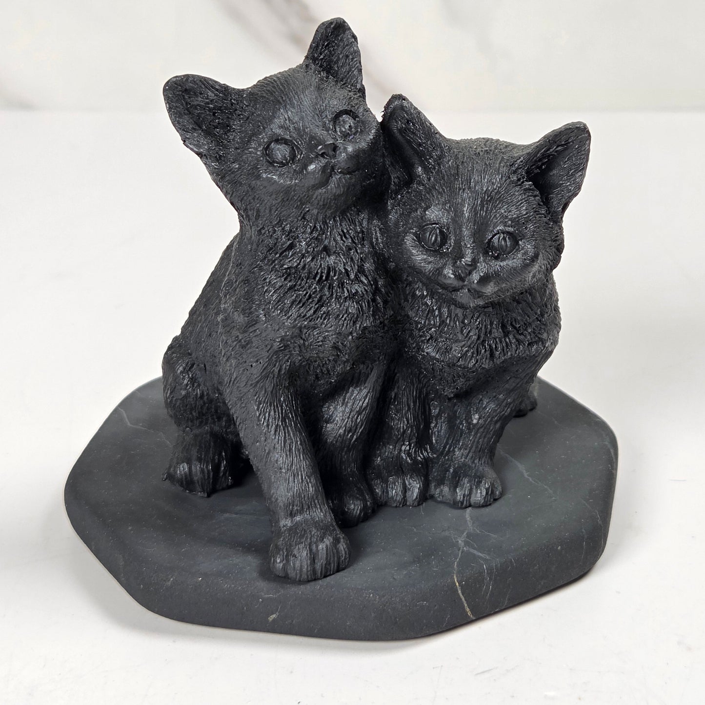 Shungite carving of two ecats on a white background