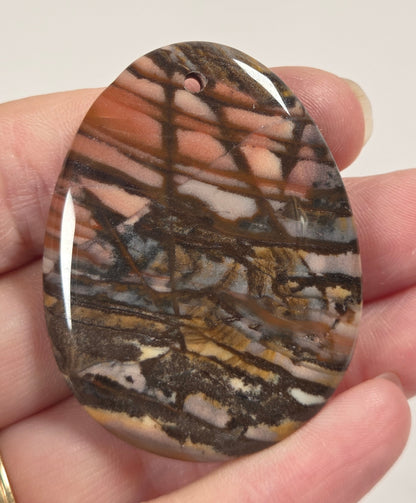 A hand holding a polished, teardrop-shaped cabochon gemstone with a complex, tree-bark-like pattern of brown, black, tan, and gray.