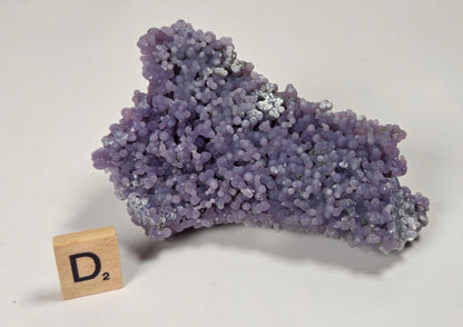 A purple crystalline mineral specimen with a rough, clustered texture, displayed on a white surface next to a small wooden letter tile showing the letter 'D'.