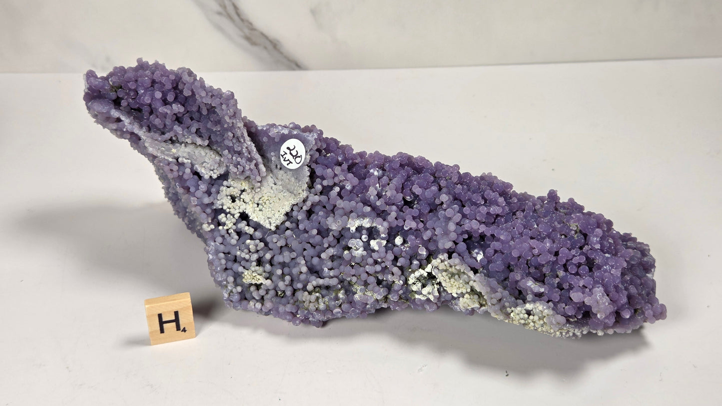 A purple amethyst crystal cluster specimen with white and silver mineral inclusions, displayed on a white surface with a small wooden letter block showing 'H'.