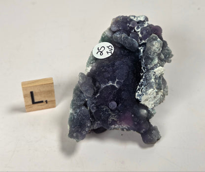 A raw amethyst geode specimen with dark purple and gray crystalline formations, shown next to a small wooden letter block displaying 'L.' on a plain off-white background.