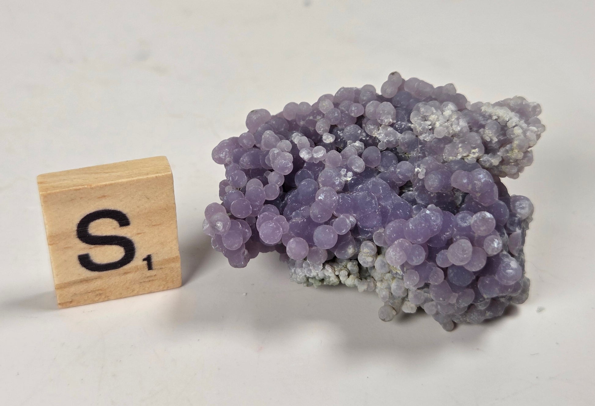 A small cluster of lavender-purple crystal or mineral pieces with some pale gray areas, photographed on a plain light background next to a wooden Scrabble tile showing the letter S.