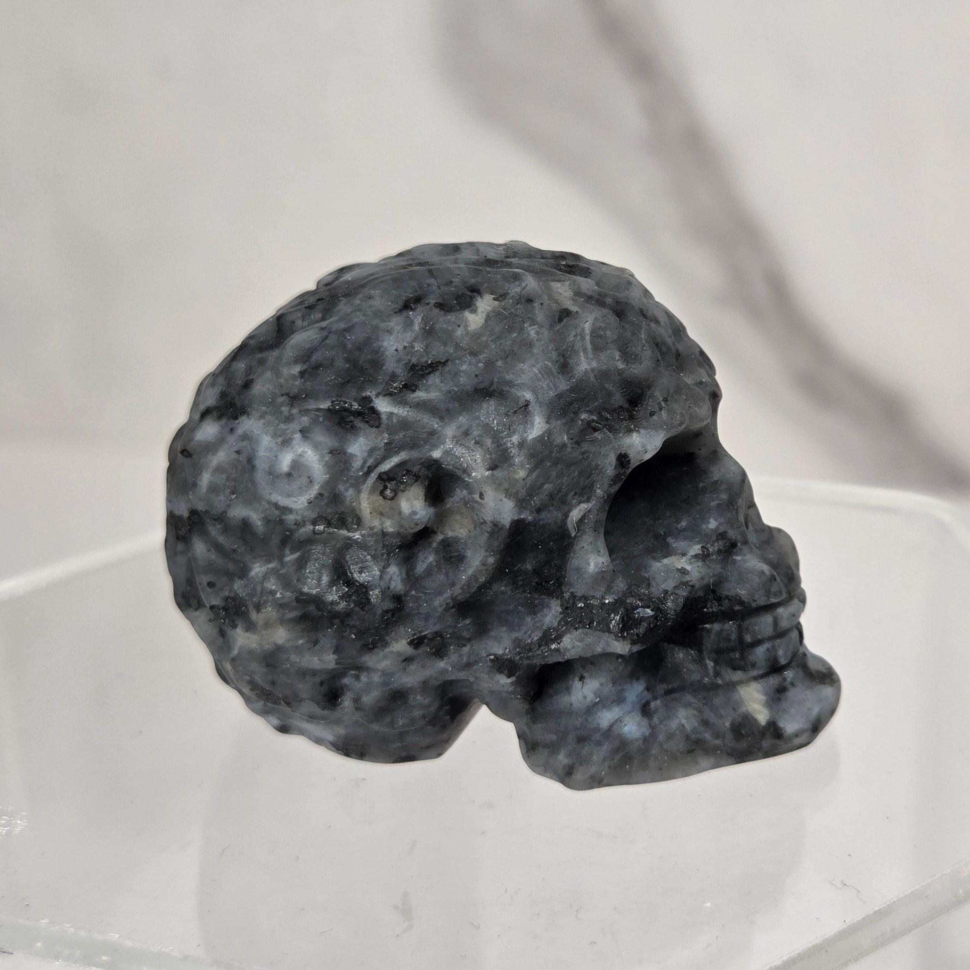 A small dark gray skull-shaped object displayed on a clear acrylic stand against a light marble-patterned background.