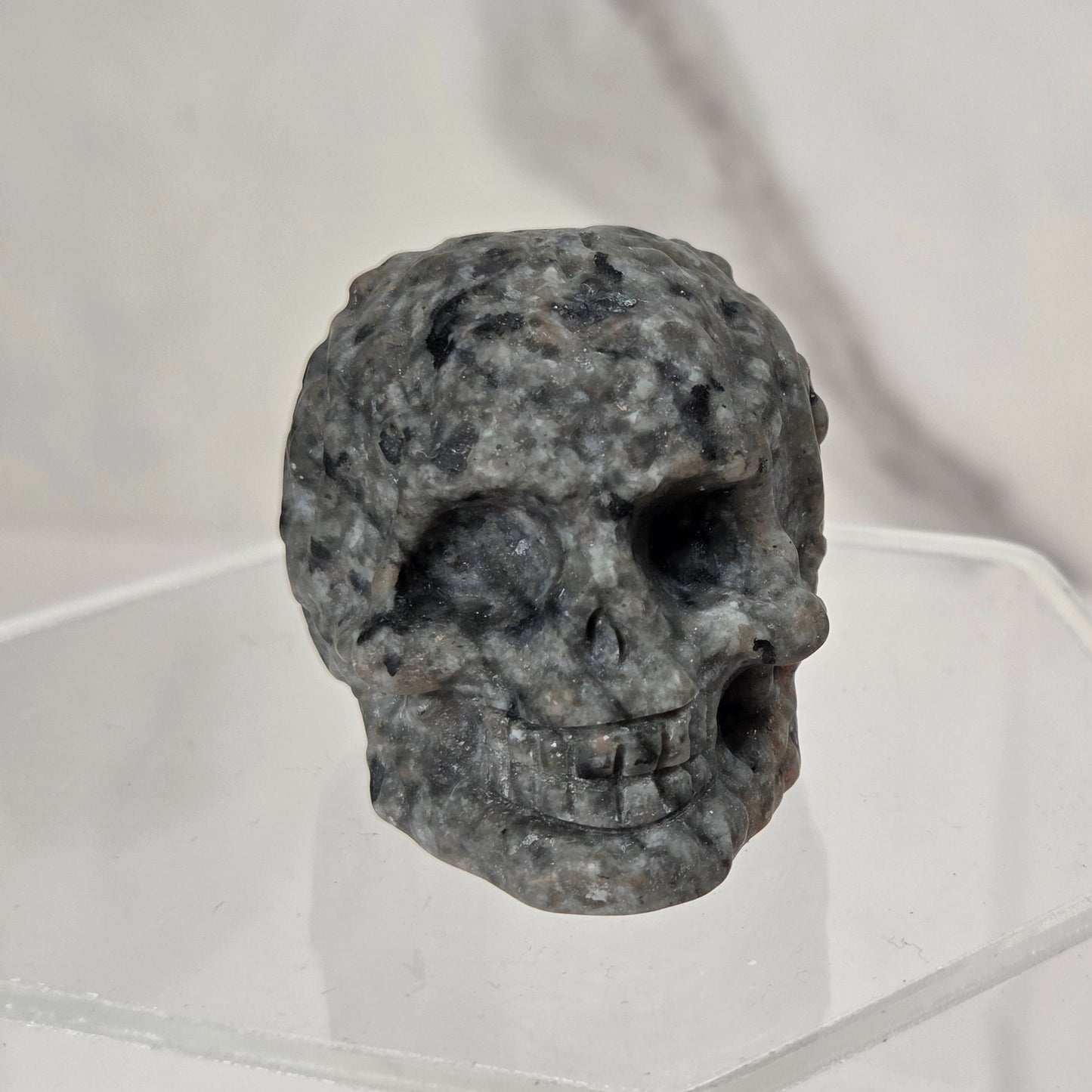 A small gray stone skull figurine displayed on a clear acrylic stand against a light marble-patterned background.