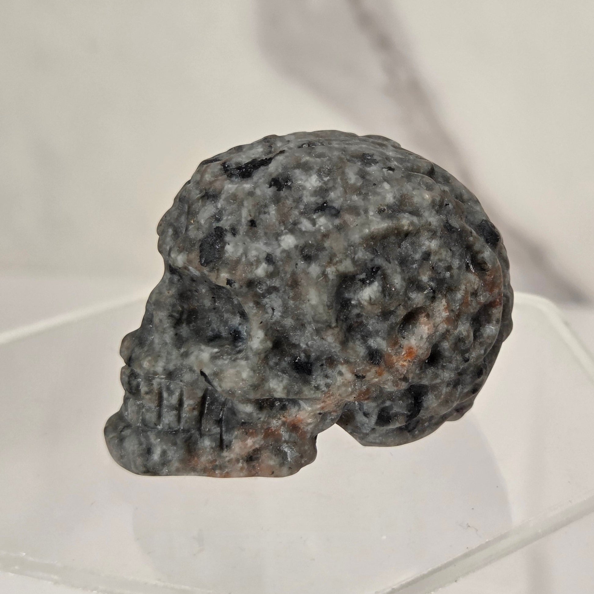 A small carved skull made from dark speckled stone with subtle brownish-orange weathering, displayed on a clear acrylic stand against a light marble-patterned background.