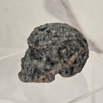A small carved skull made from dark speckled stone with subtle brownish-orange weathering, displayed on a clear acrylic stand against a light marble-patterned background.