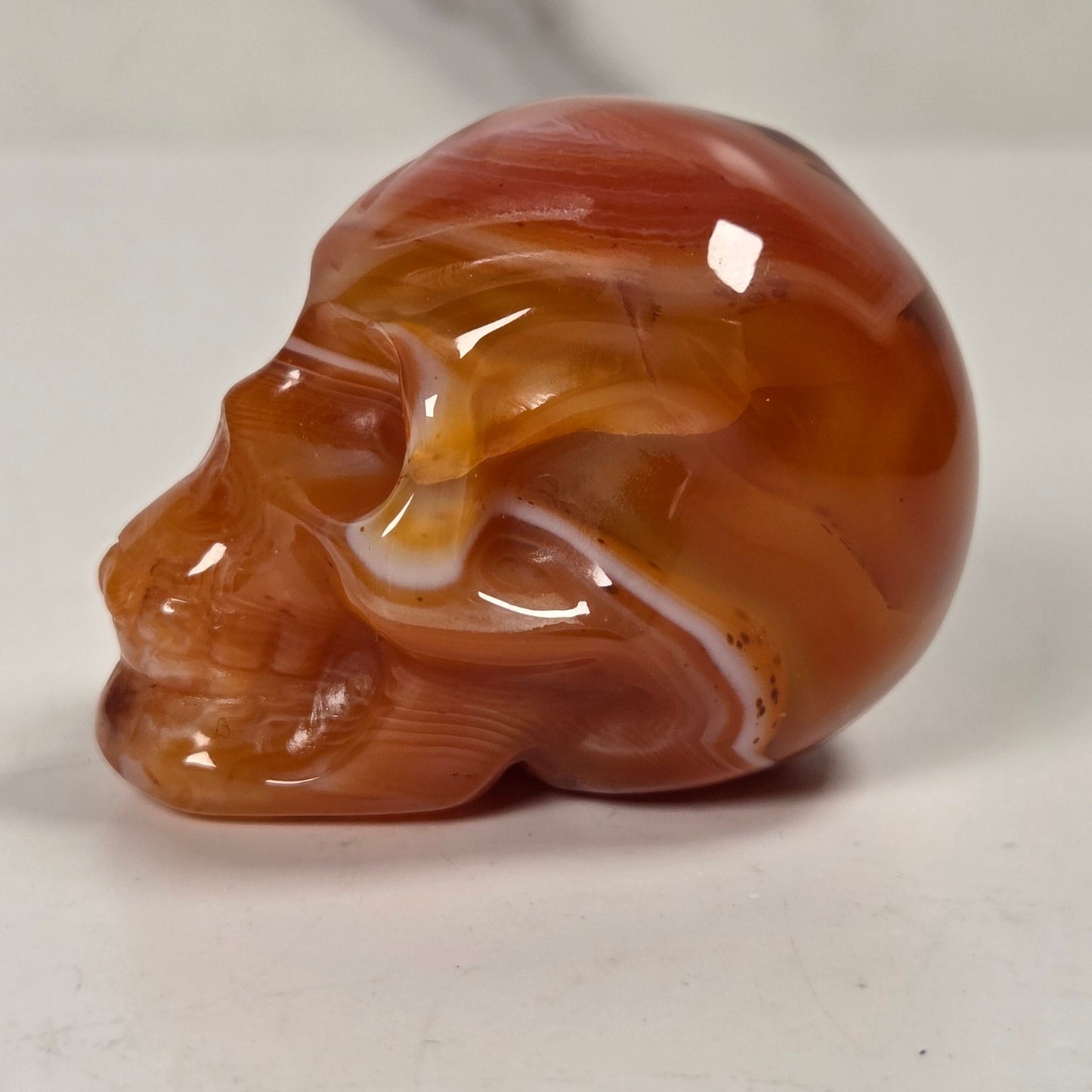 A polished carved skull made from reddish-brown and amber agate, shown on a plain light gray surface.