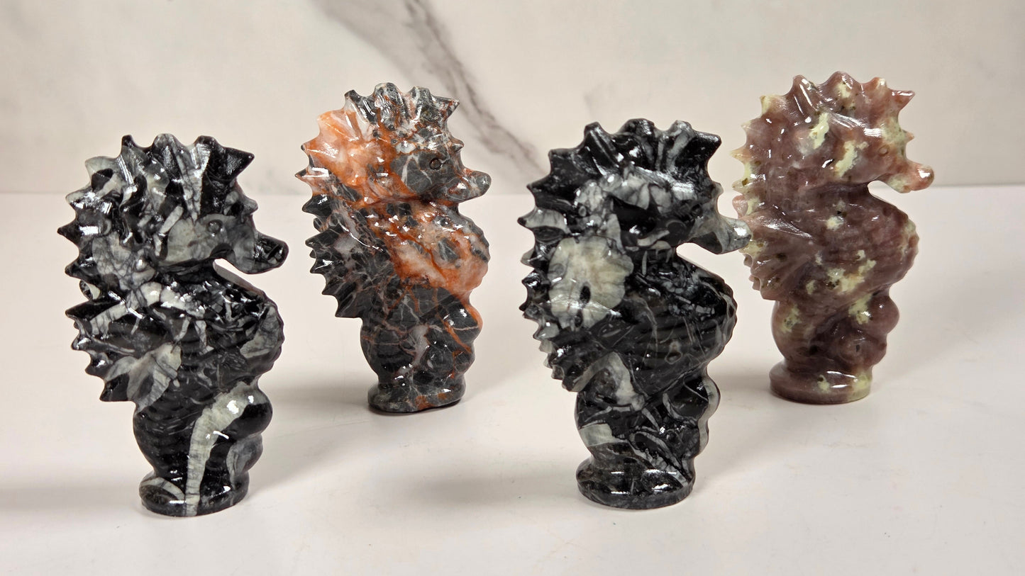Four polished stone seahorse figurines displayed on a light surface against a marble-patterned background. The figurines are made from different stones, including black and white marbled, orange and gray marbled, and reddish-brown and cream marbled varieties.