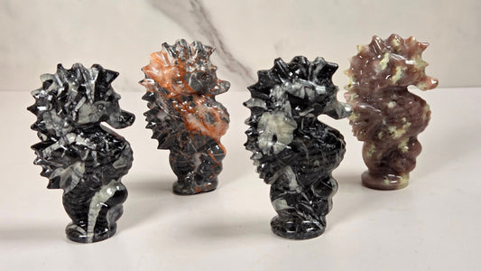 Four polished stone seahorse figurines displayed on a light surface against a marble-patterned background. The figurines are made from different stones, including black and white marbled, orange and gray marbled, and reddish-brown and cream marbled varieties.