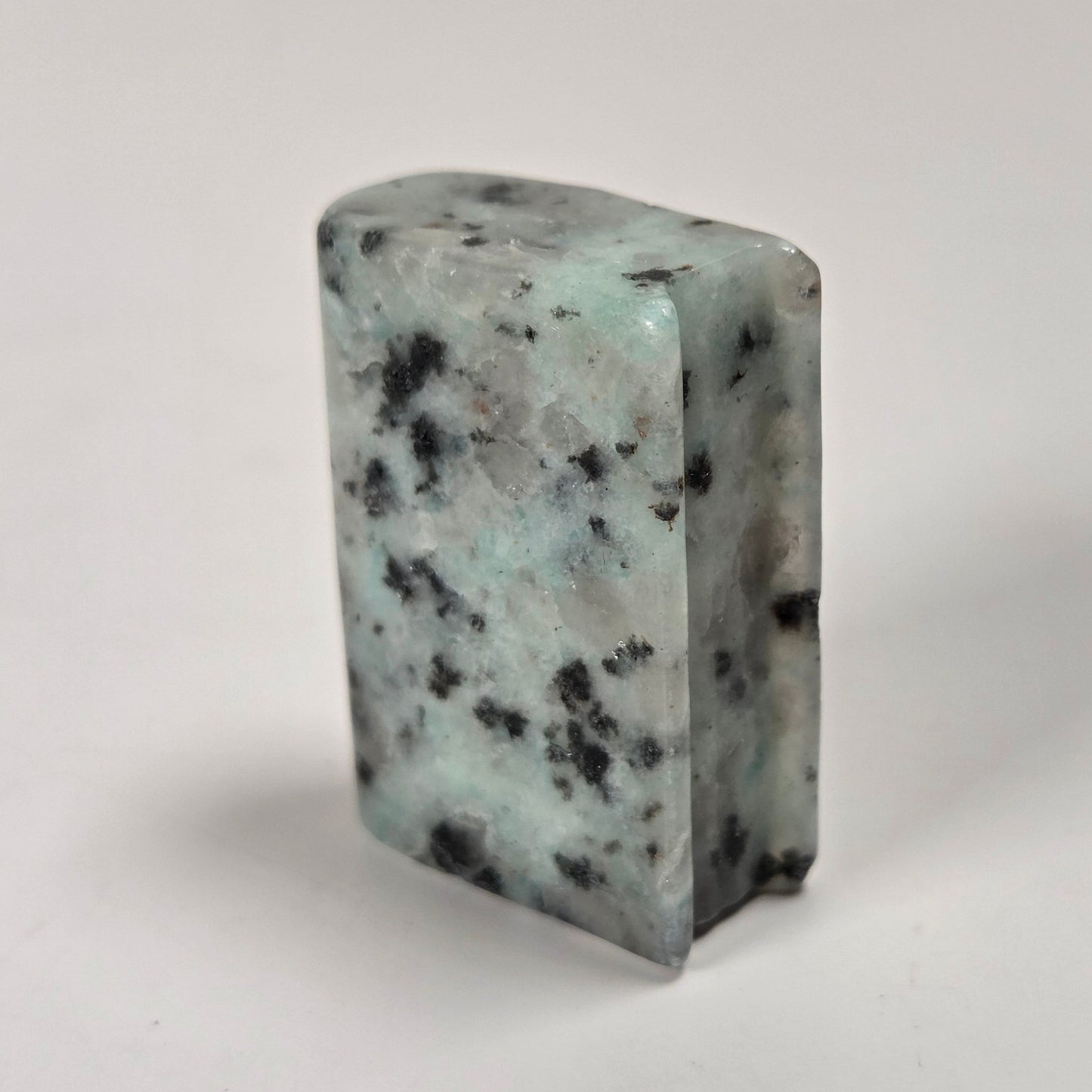 A rectangular polished stone pendant with a light greenish-gray base and black speckled inclusions, standing upright on a plain light gray surface.