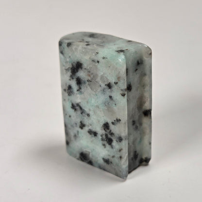 A rectangular polished stone pendant with a light greenish-gray base and black speckled inclusions, standing upright on a plain light gray surface.