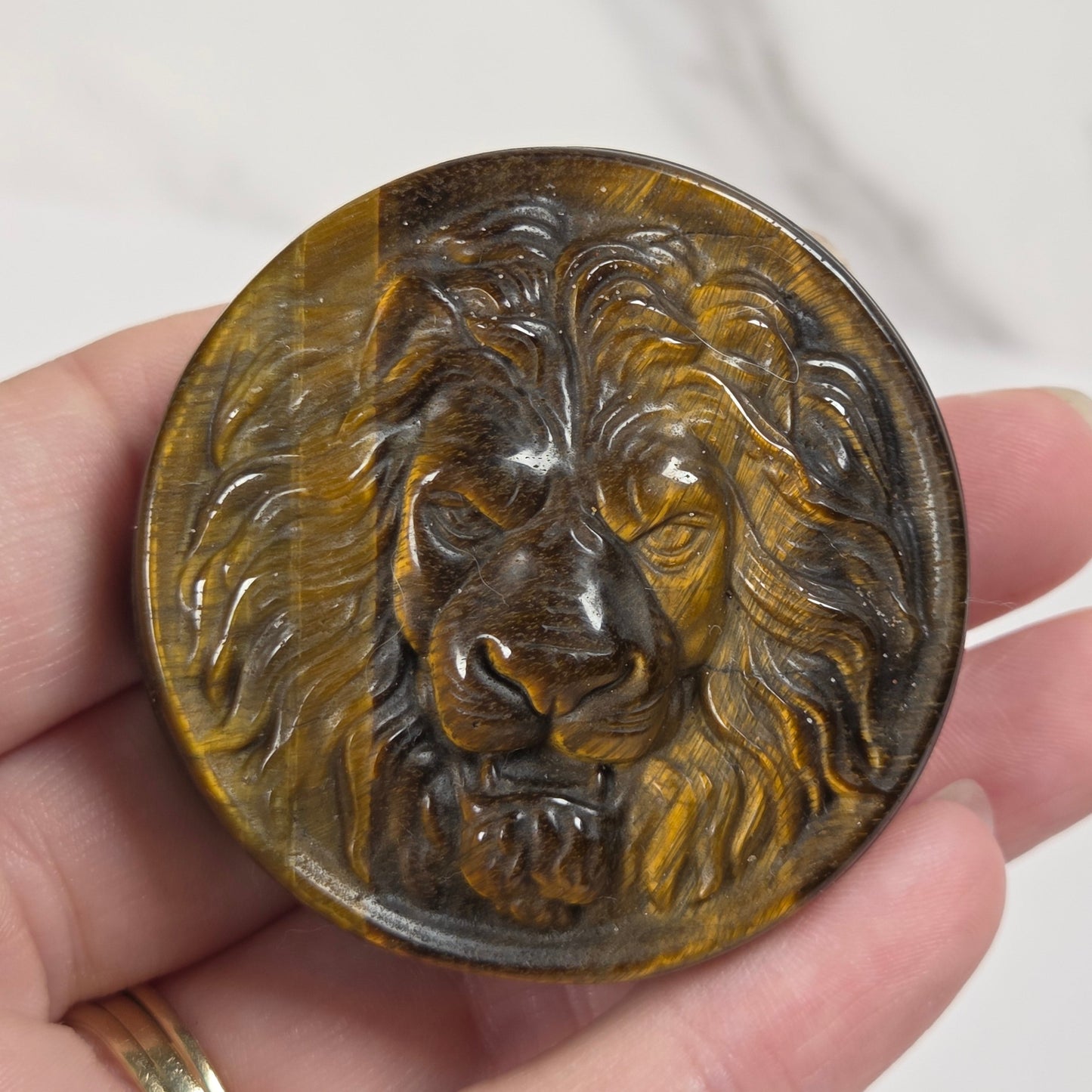 Hand holding a Tigers Eye round carving with lion head designs on a white background