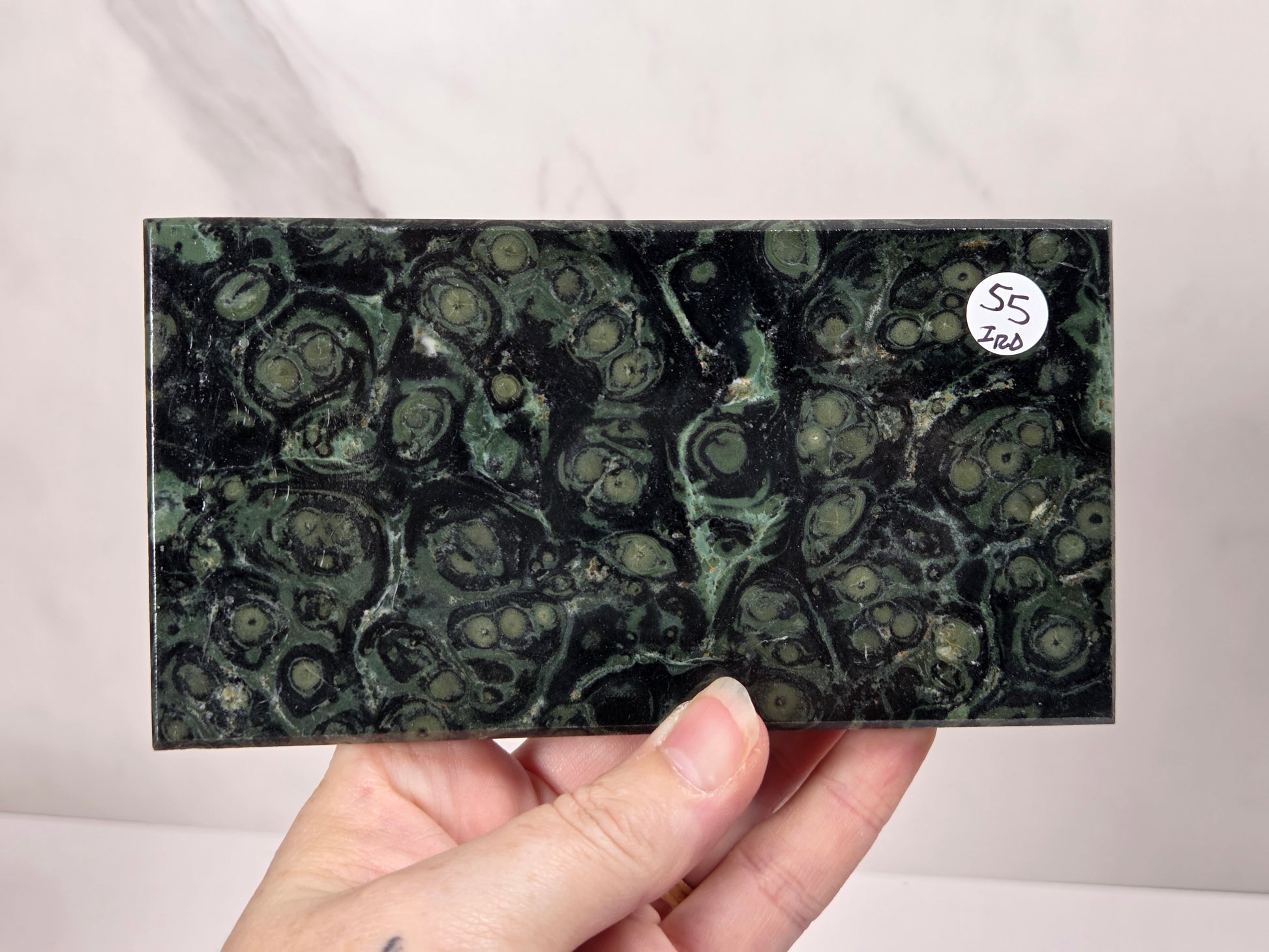A hand holding a rectangular polished stone slab with a dark green and black banded, tree-ring-like pattern. A small white sticker with handwritten text is visible in the upper right corner of the slab.