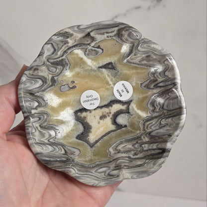 A hand holding a polished, scalloped agate slice stone with swirling bands of gray, black, olive green, and cream. Two small white circular labels are stuck in the center of the stone.