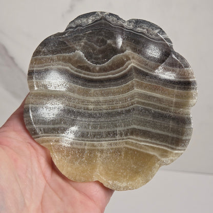 A hand holding a scalloped, flower-shaped stone tray made of layered agate or onyx with bands of gray, black, beige, and translucent golden-yellow.