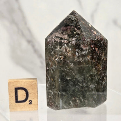 A dark, polished natural crystal tower with a pointed top, displayed on a clear acrylic stand next to a small wooden Scrabble tile showing the letter 'D'.