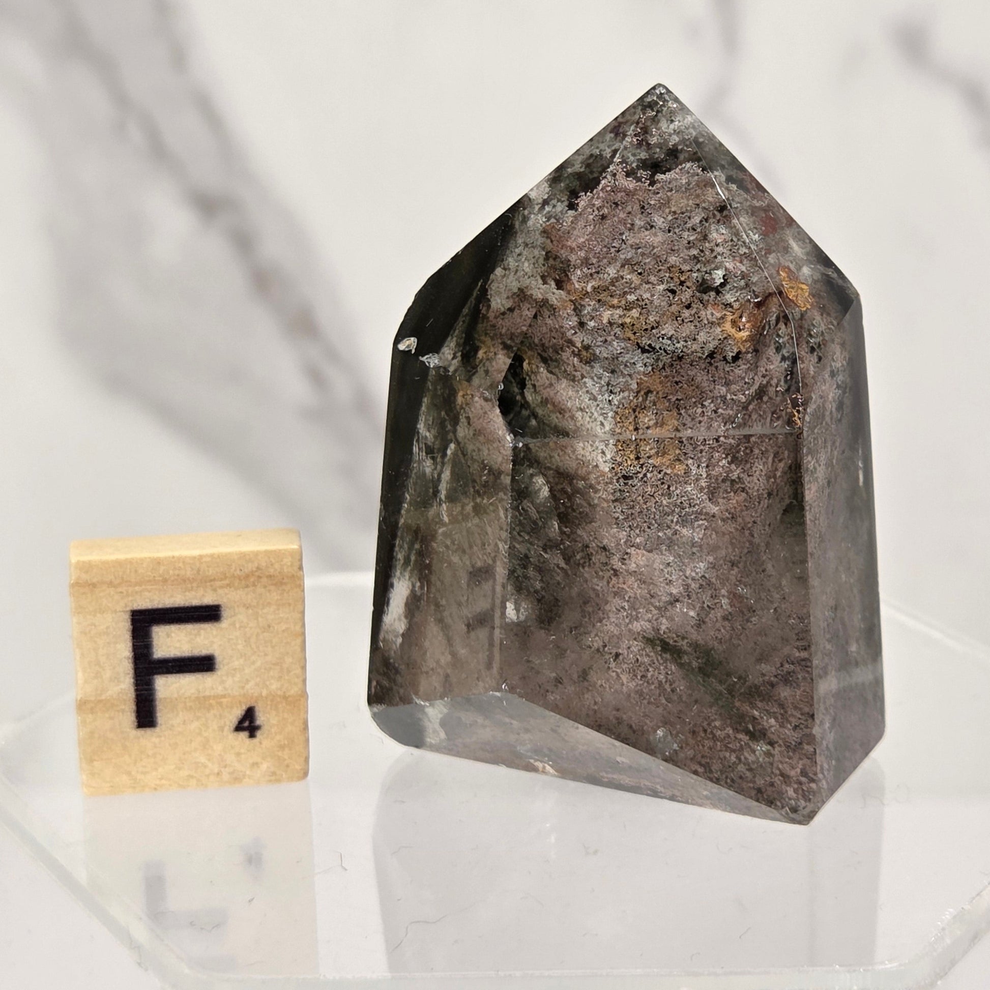 A natural pointed crystal specimen with a mottled gray, brown, and black mineral texture, displayed on a clear acrylic stand next to a wooden Scrabble tile spelling 'F' on a white marble surface.
