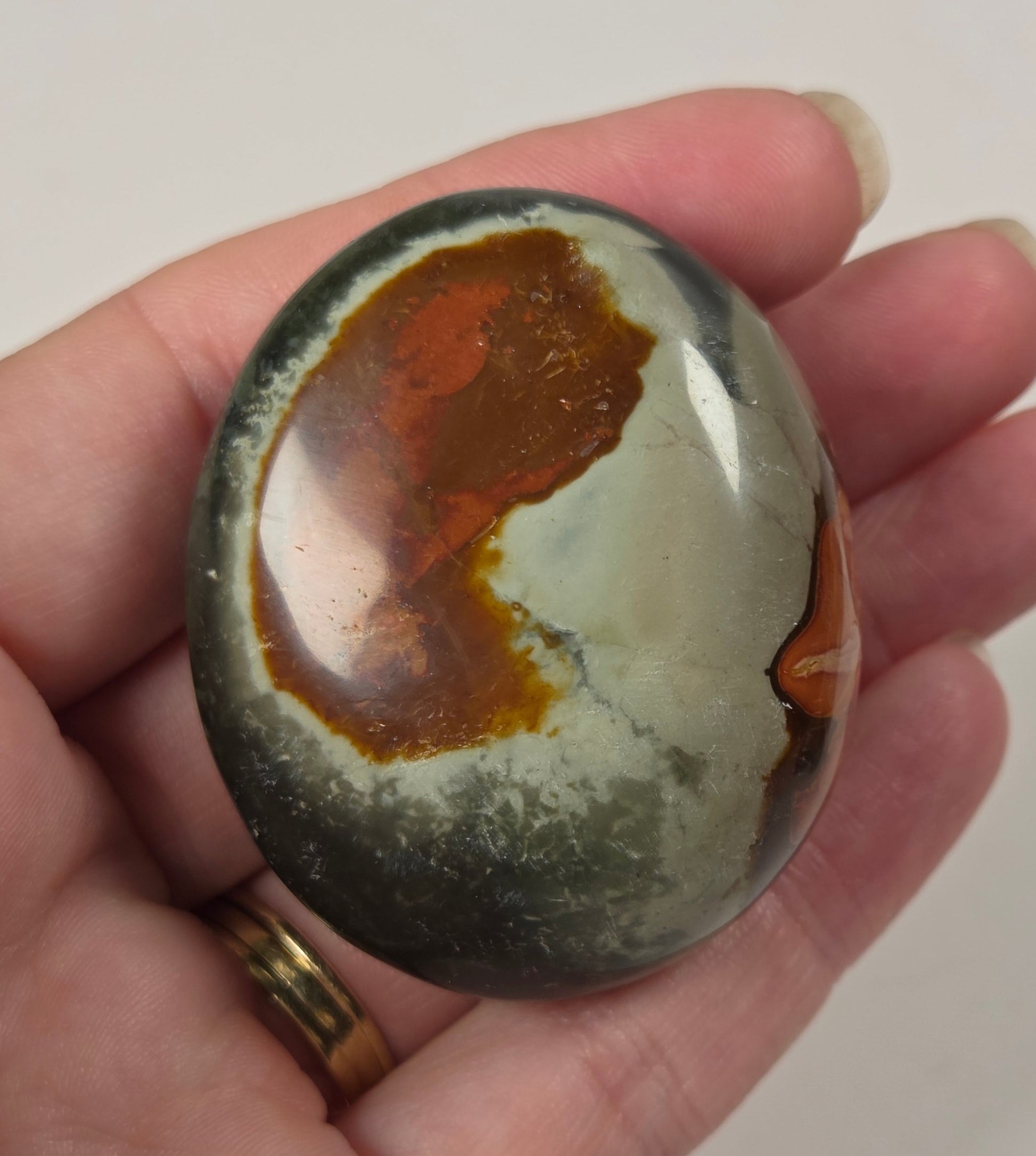 A hand holding a polished oval stone with a mottled pattern of brown, gray, and off-white, set against a plain light background.