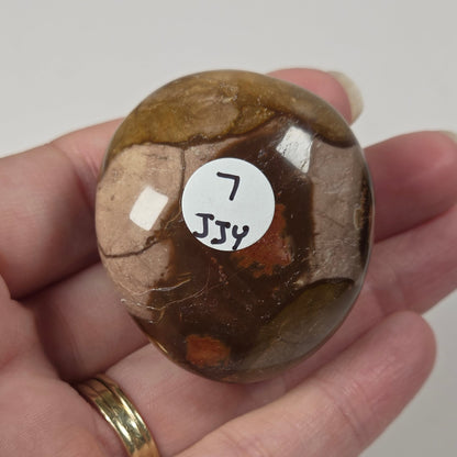 A hand holding a polished brown stone with natural inclusions and a small white sticker labeled '7 JPY' on its surface, set against a plain light background.