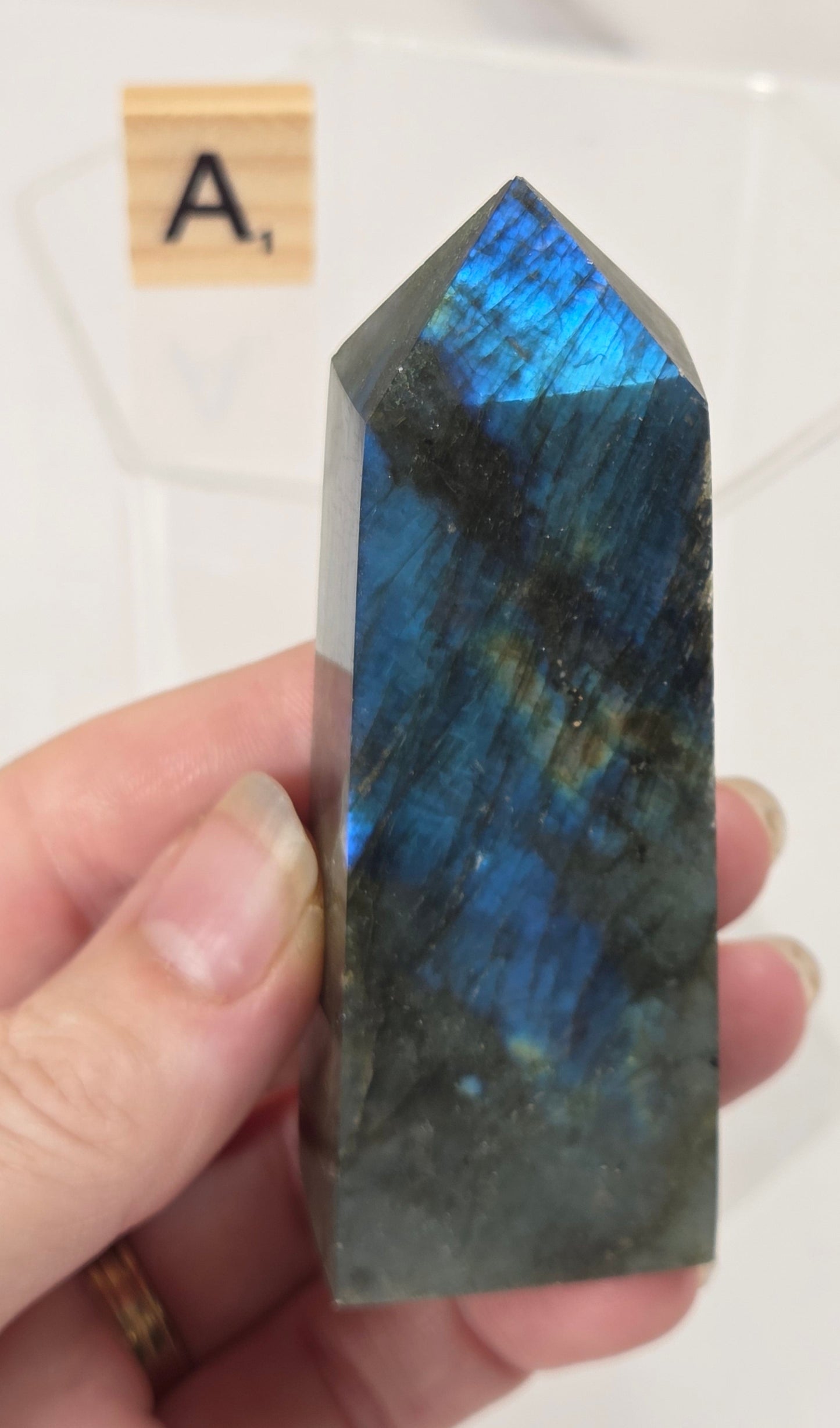 A hand holding a polished labradorite crystal tower point, showing its characteristic blue and green iridescent flashes, with a clear display box in the background.