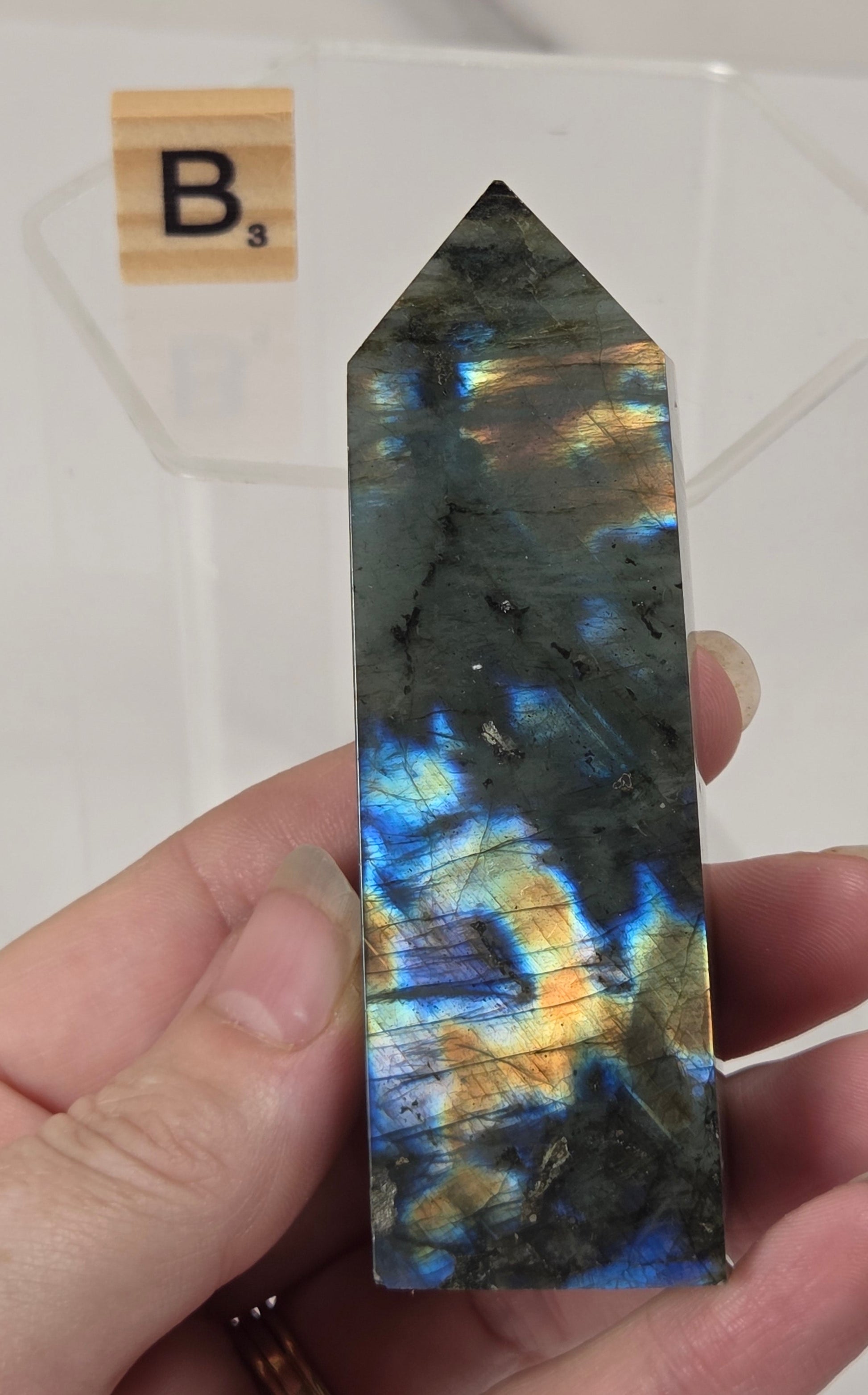 A hand holds a polished labradorite crystal point showing vibrant blue, gold, and green flashes. A small Scrabble tile with the letter 'B' is visible in the background against a white surface.
