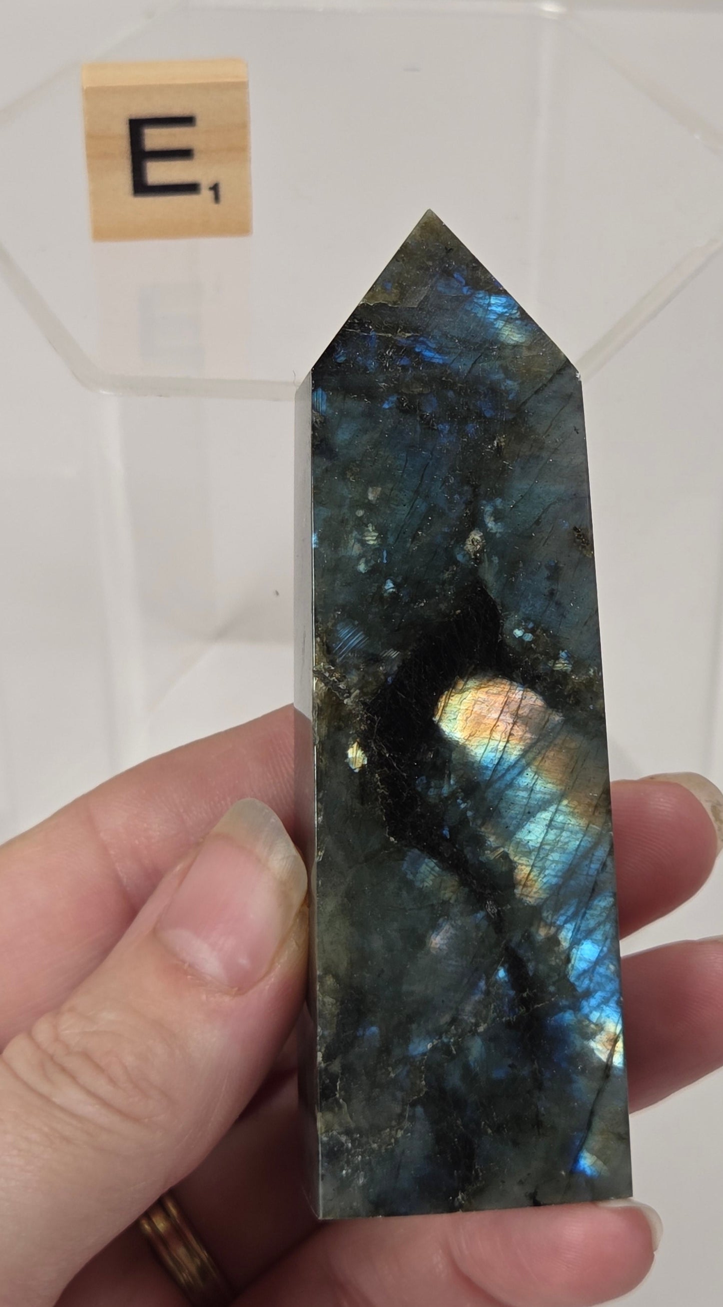A hand holding a polished labradorite crystal point with a dark blue and black base showing vibrant iridescent flashes of blue, green, and gold. A small wooden letter tile with the letter 'E' is visible in the background behind a clear display stand.