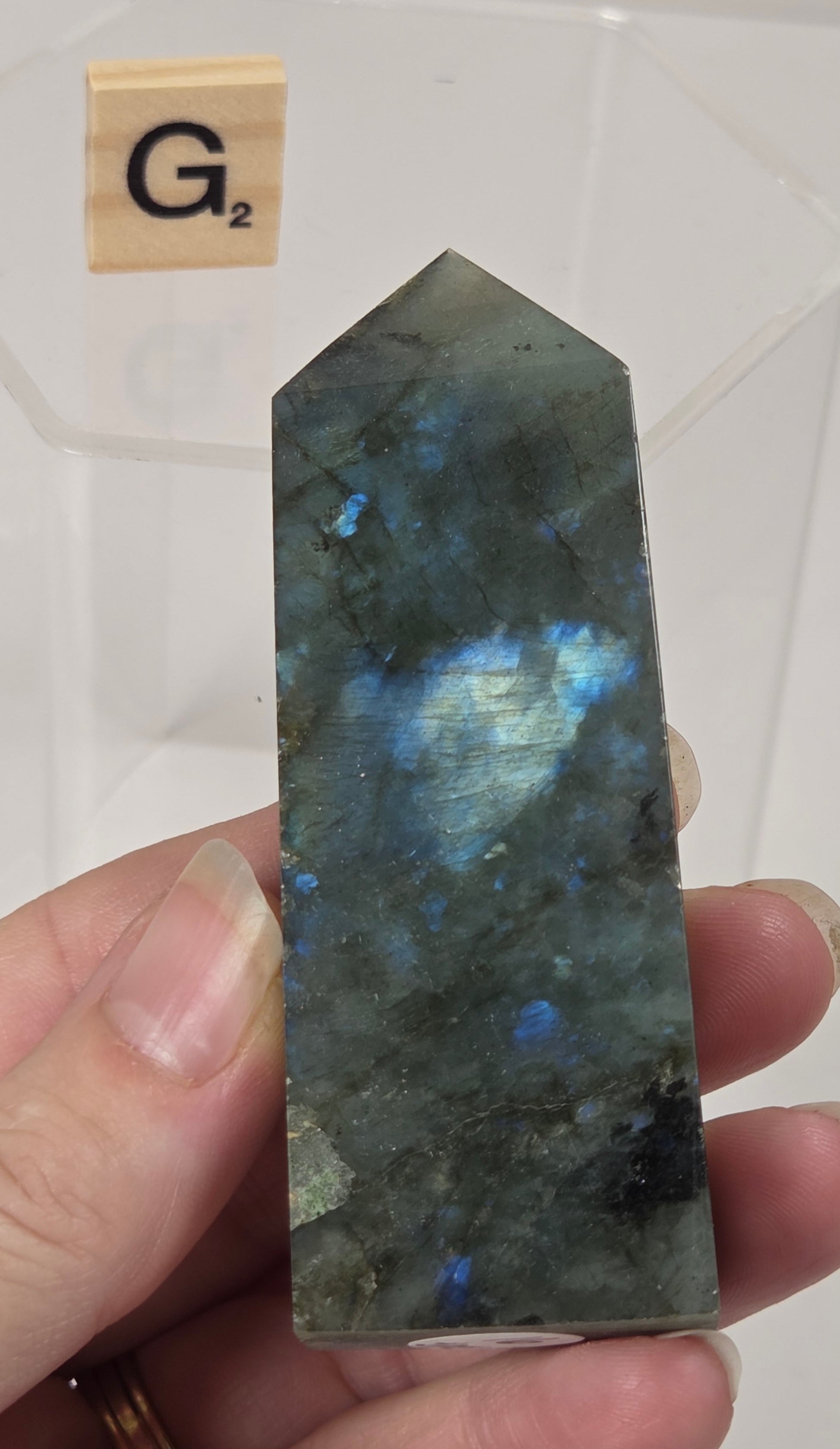 A hand holding a polished labradorite crystal tower point, showing its characteristic blue and green iridescent flashes, with a clear display stand in the background.