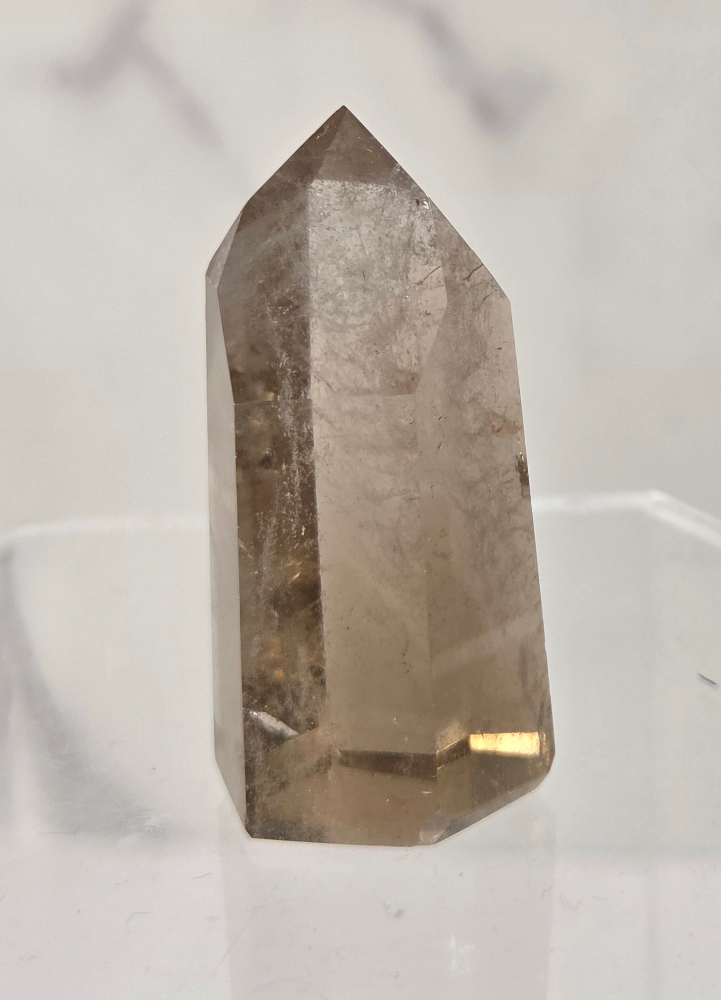A natural smoky quartz crystal point standing upright on a clear acrylic display stand against a light gray marble-patterned background.