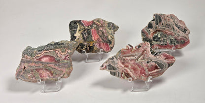 Four raw mineral or stone specimens with pink, gray, black, and green marbling, each displayed on a small clear acrylic stand against a white surface and light gray marble-look background.