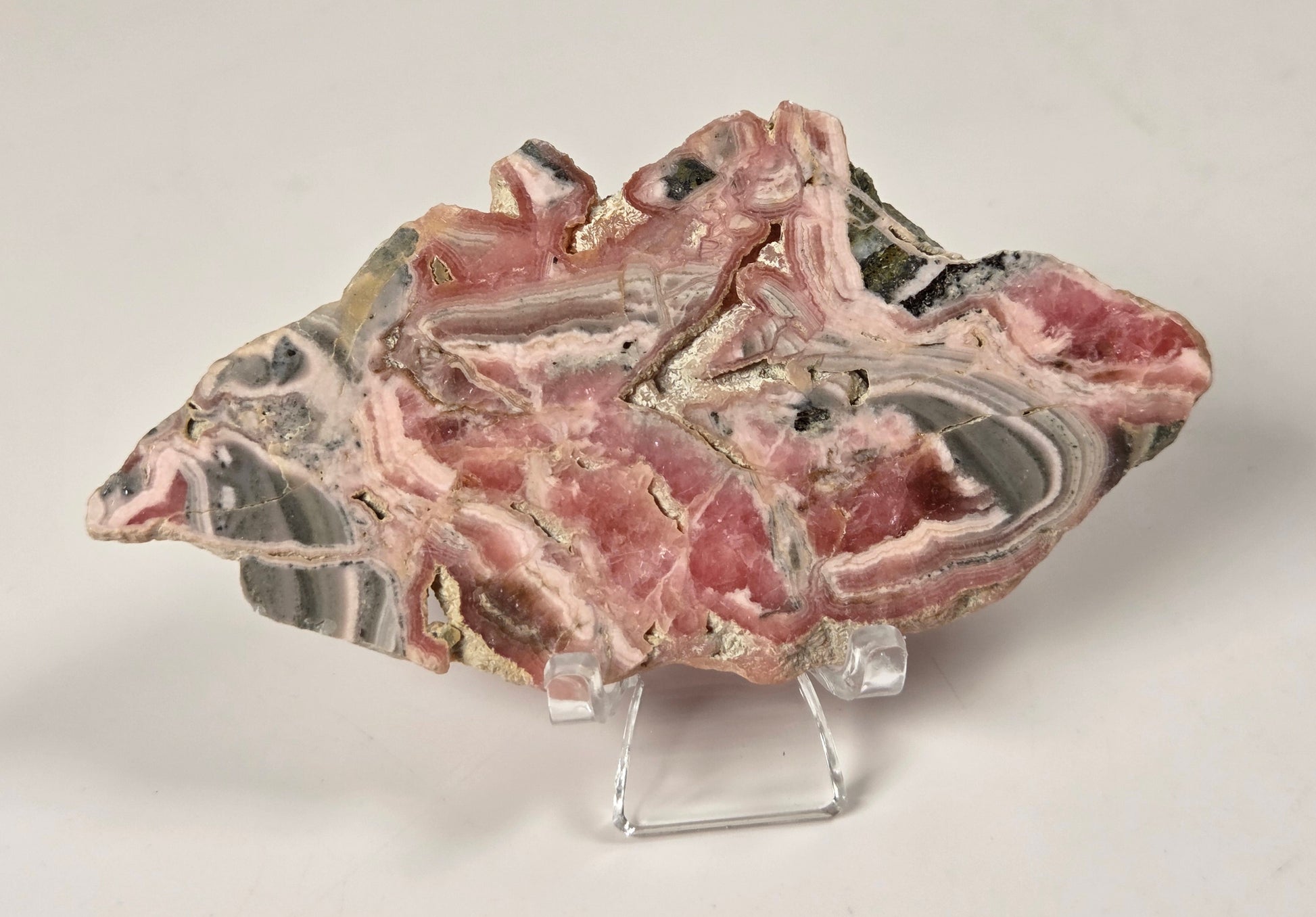 A raw mineral specimen with concentric bands of pink, gray, and white, displayed on a clear acrylic stand against a neutral off-white background.