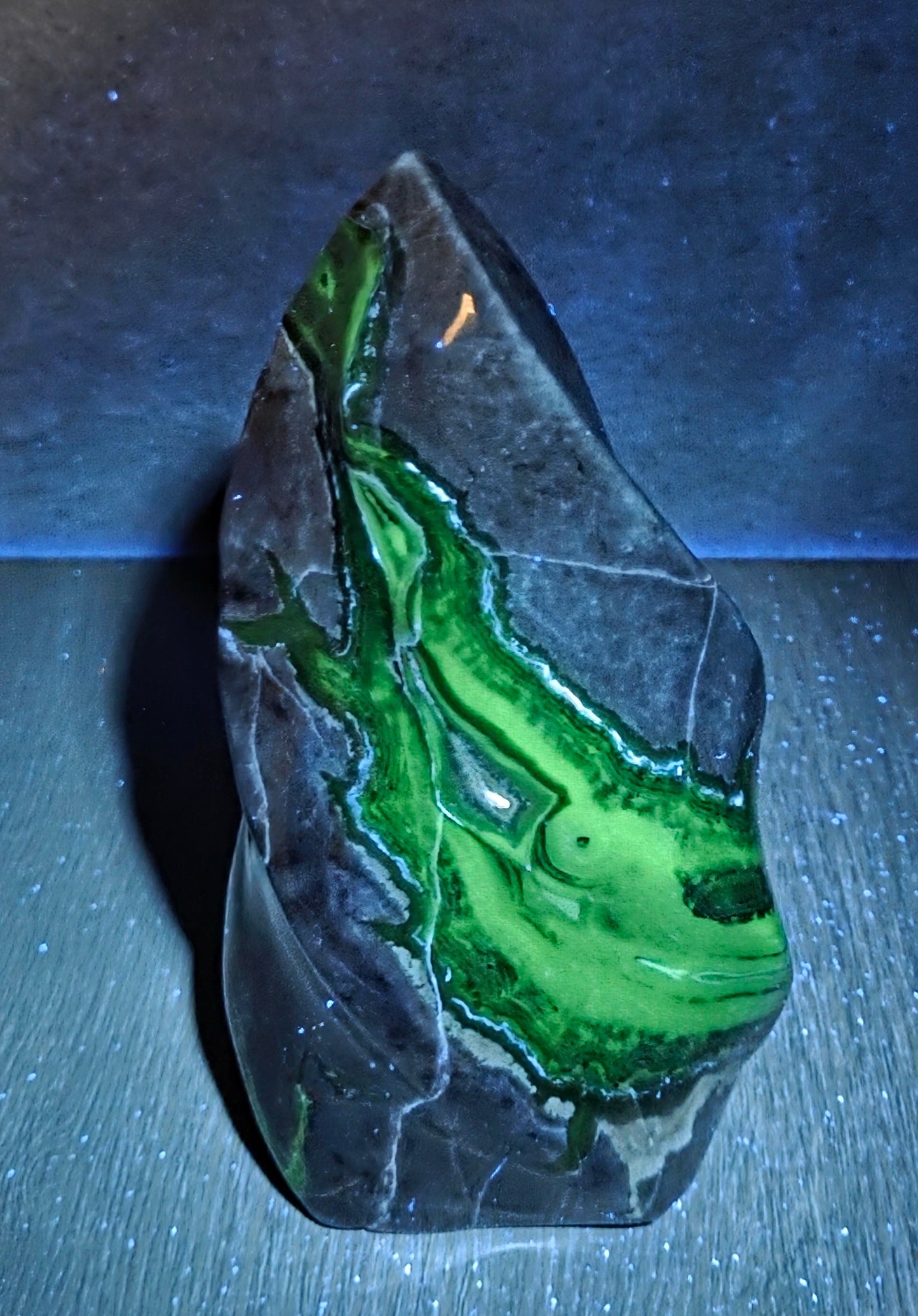 A polished natural stone with a dark charcoal-black base and vibrant green veining, displayed on a textured surface under blue spotlighting.