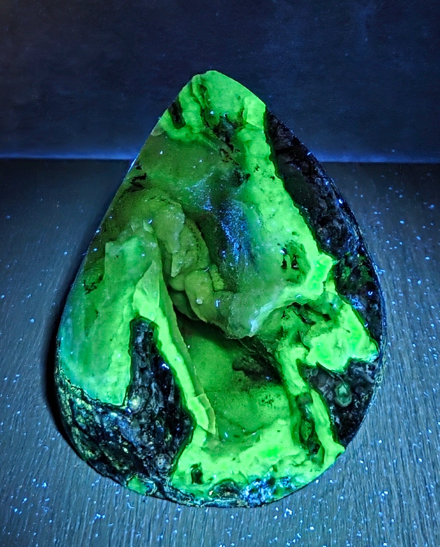 A teardrop-shaped polished stone or mineral specimen with bright neon green and black marbled patterns, photographed on a dark surface under blue-violet lighting.
