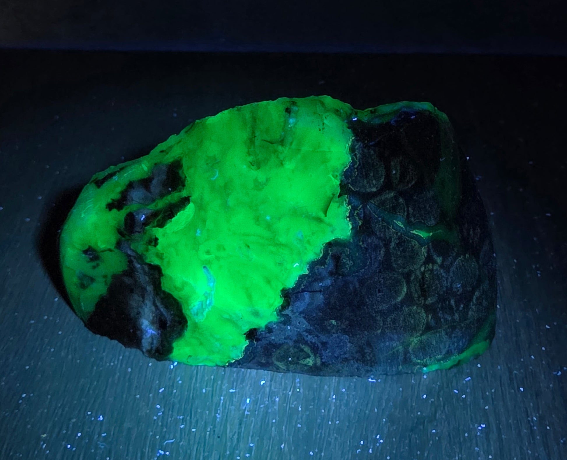 A glowing neon green and black rough stone or mineral specimen displayed on a dark surface under UV-like lighting.