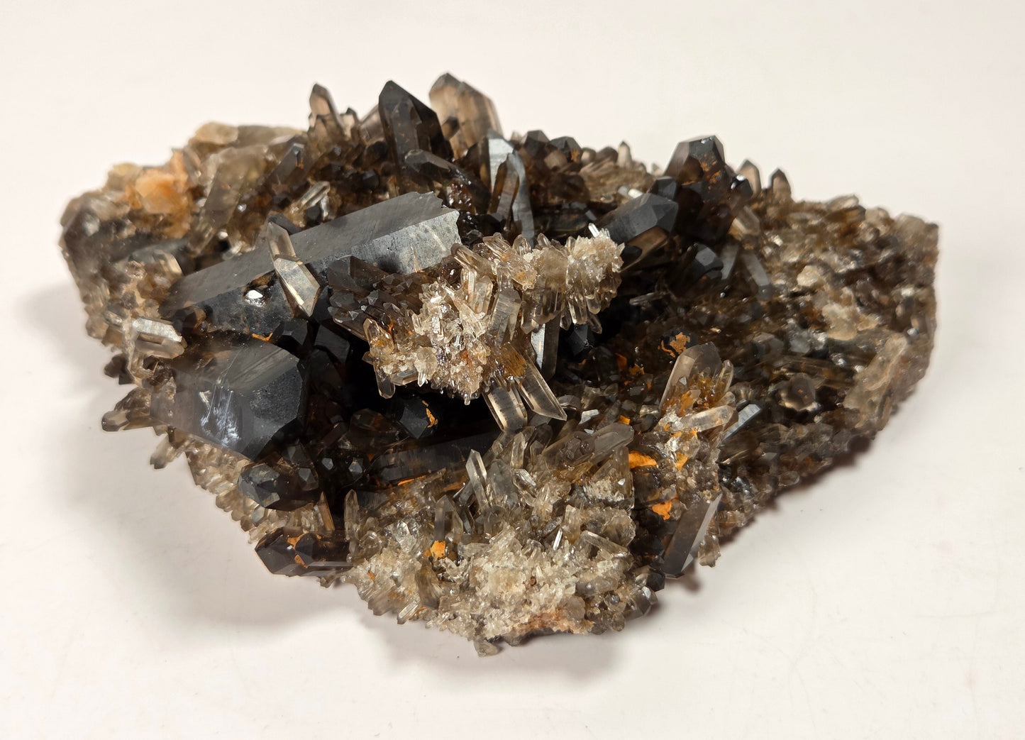 A natural smoky quartz crystal cluster specimen on a light beige background.