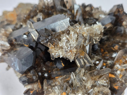 Close-up of a mineral specimen with dark gray to black tabular crystals and a central cluster of clear to smoky quartz-like crystals on a white background.