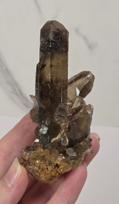 A hand holding a natural smoky quartz crystal cluster with a rough matrix, set against a light gray marble-patterned background.