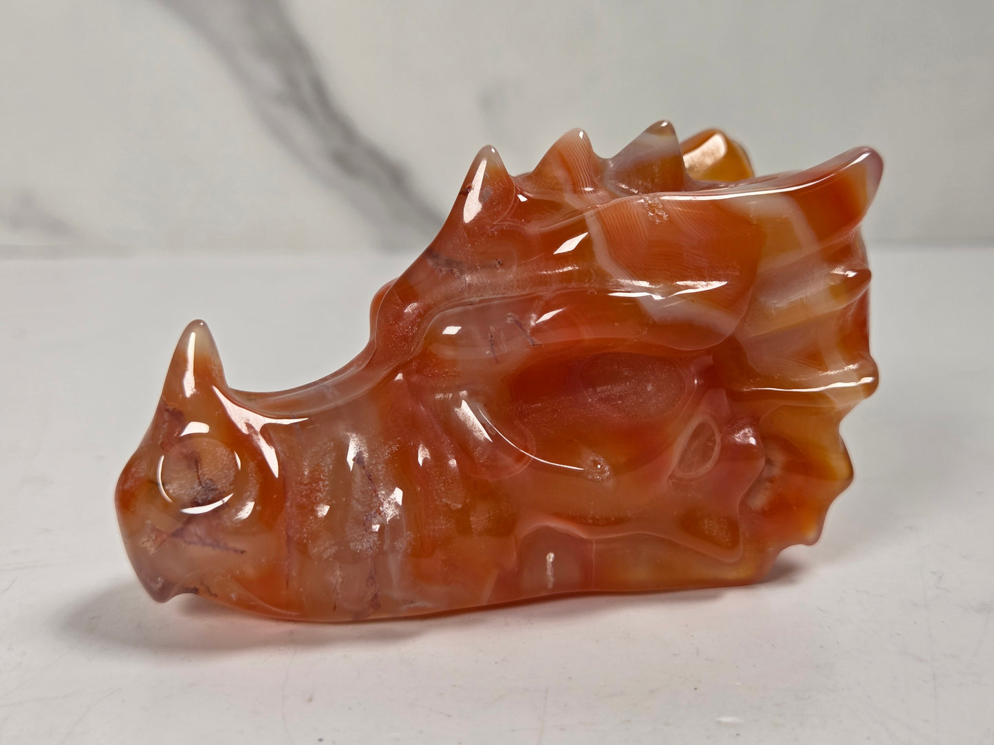 A carved dragon head figurine made of polished orange-brown agate, resting on a light gray surface with a marble-patterned background.
