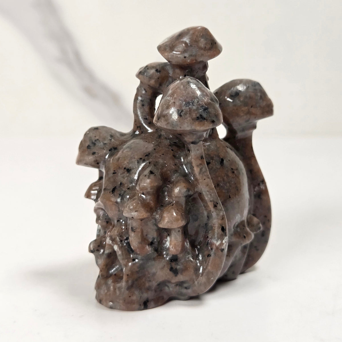 A small carved figurine of several mushrooms in a polished speckled brown and black stone, set against a light off-white background.