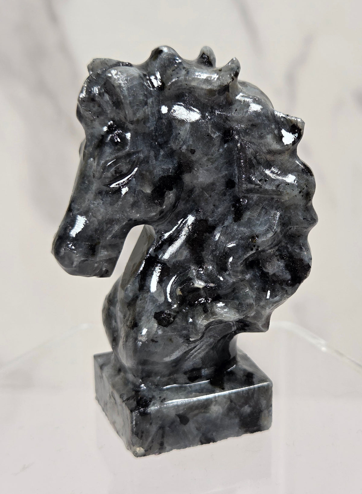 A polished black and gray stone horse head sculpture on a matching rectangular base, displayed on a clear acrylic stand against a light marble-patterned background.