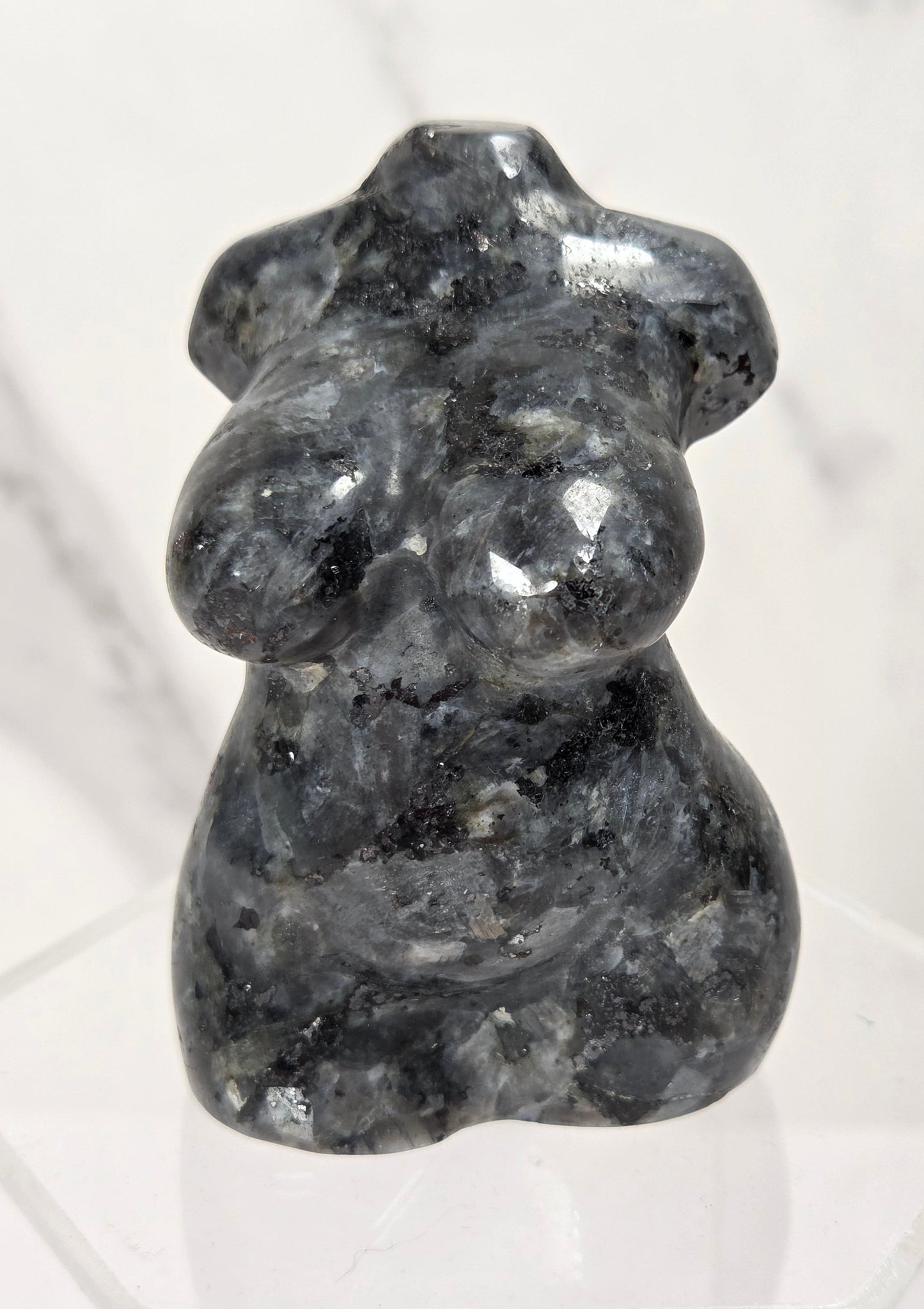A small polished dark gray stone figurine with a glossy, reflective surface, displayed on a clear acrylic hexagonal stand against a light marble background.
