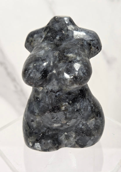 A small polished dark gray stone figurine with a glossy, reflective surface, displayed on a clear acrylic hexagonal stand against a light marble background.