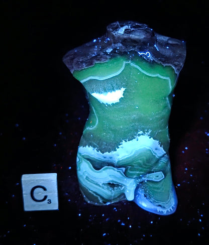 A polished agate or quartzite slab with swirling bands of green, white, and dark gray, photographed on a black background with a small scale card labeled C3.