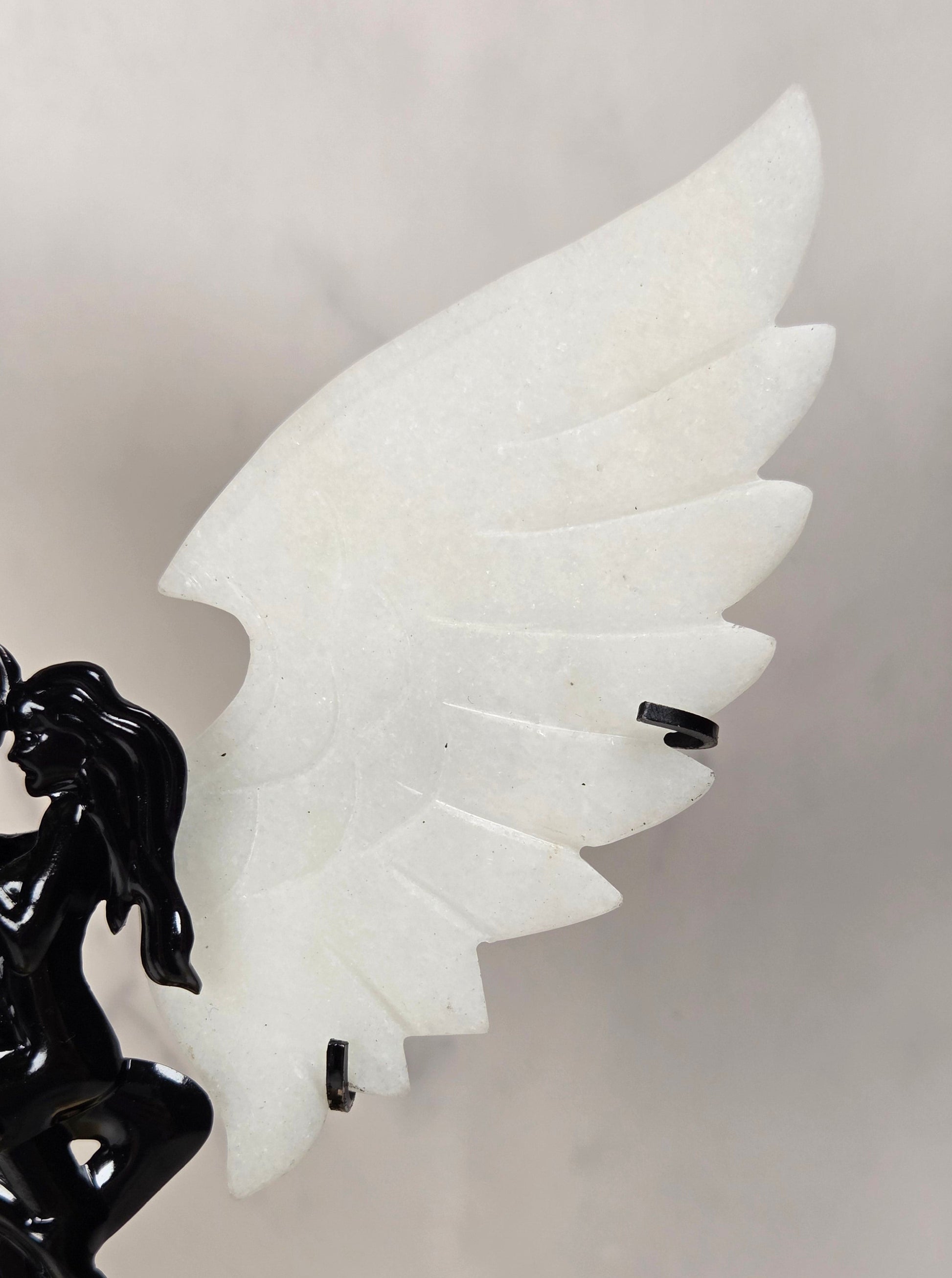 A close-up of a decorative sculpture featuring a glossy black winged figure on the left and a large white wing on the right, set against a soft light gray background.