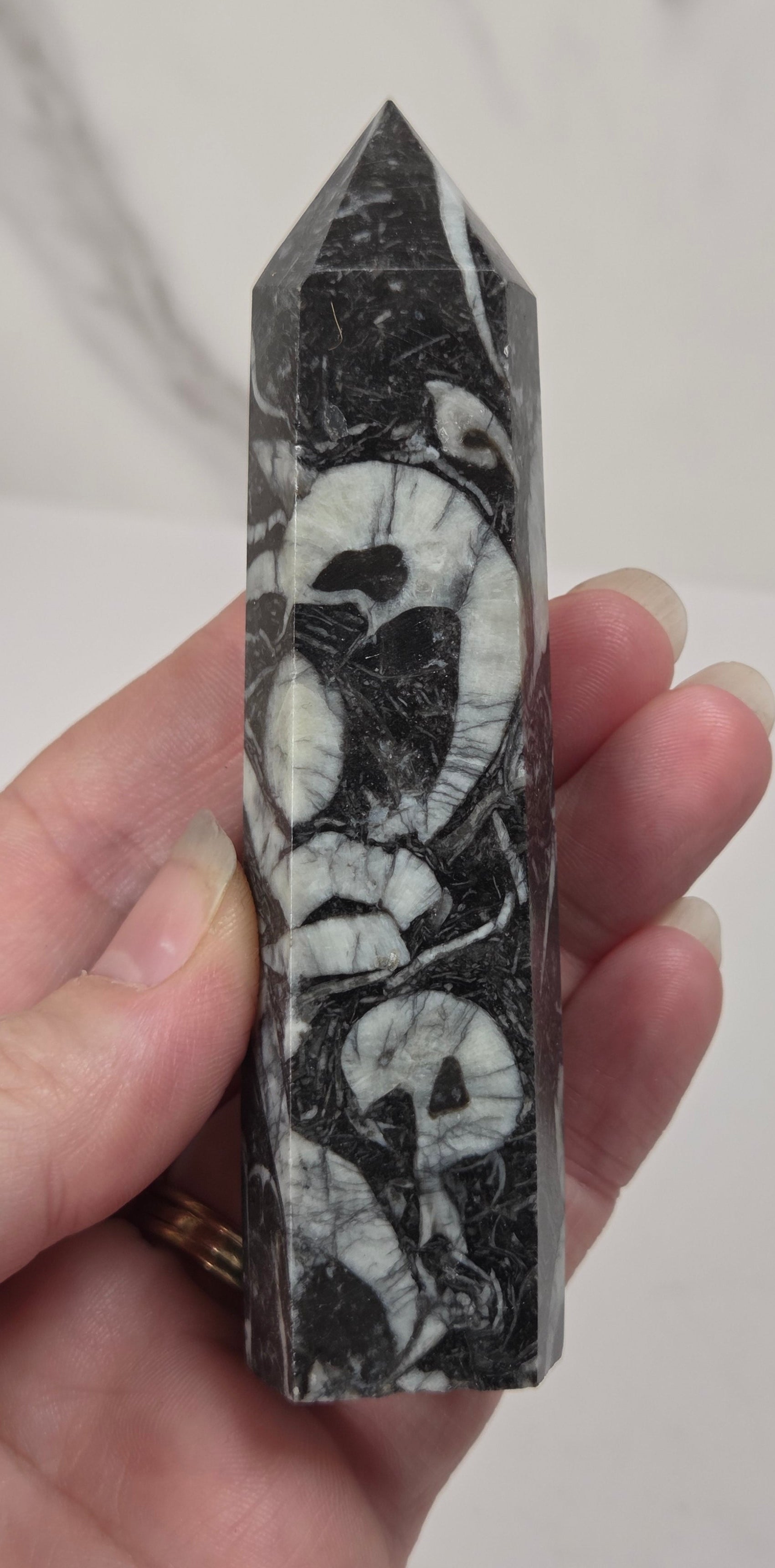 A hand holding a polished black and white marbled crystal point tower against a light gray marble-patterned background.