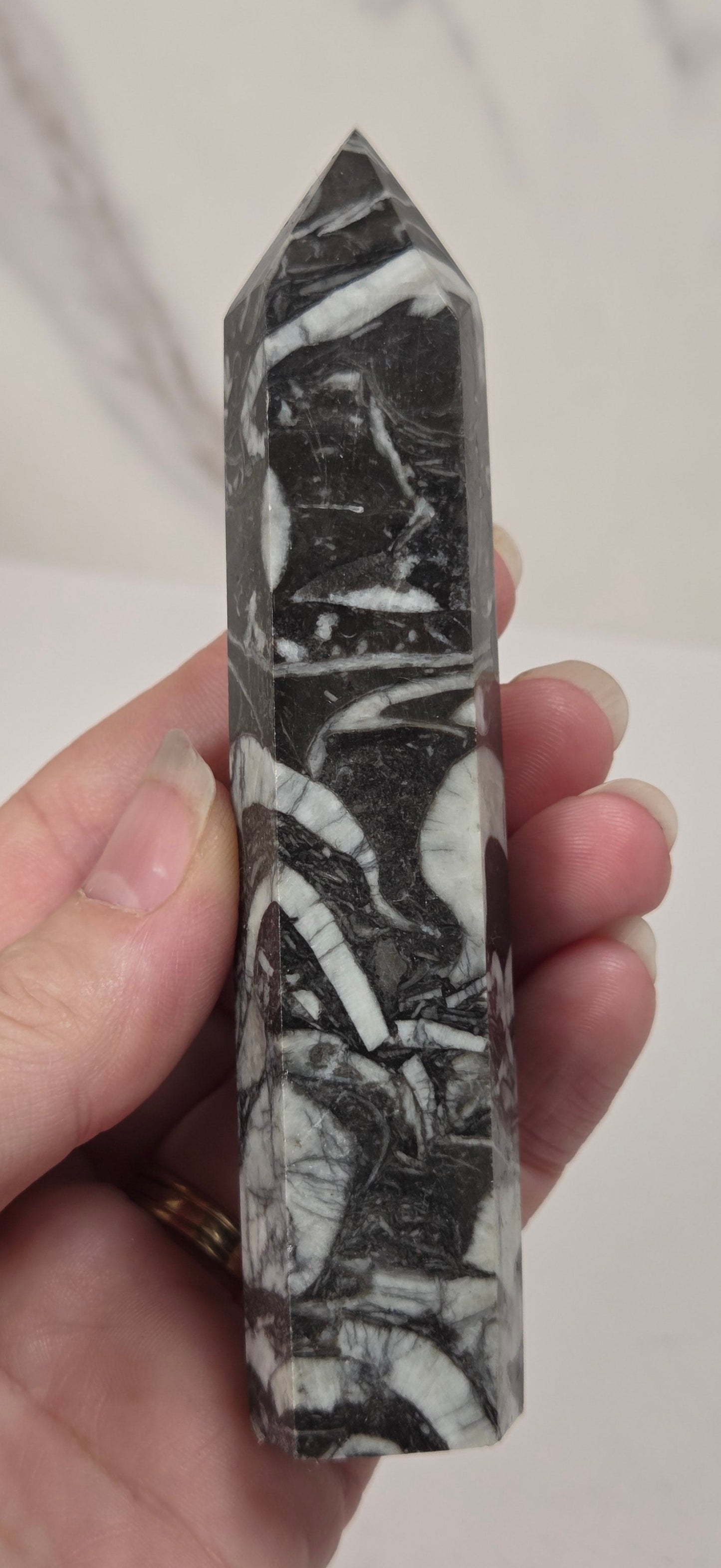 A hand holding a polished black and white marbled crystal point tower against a light gray marble-patterned background.