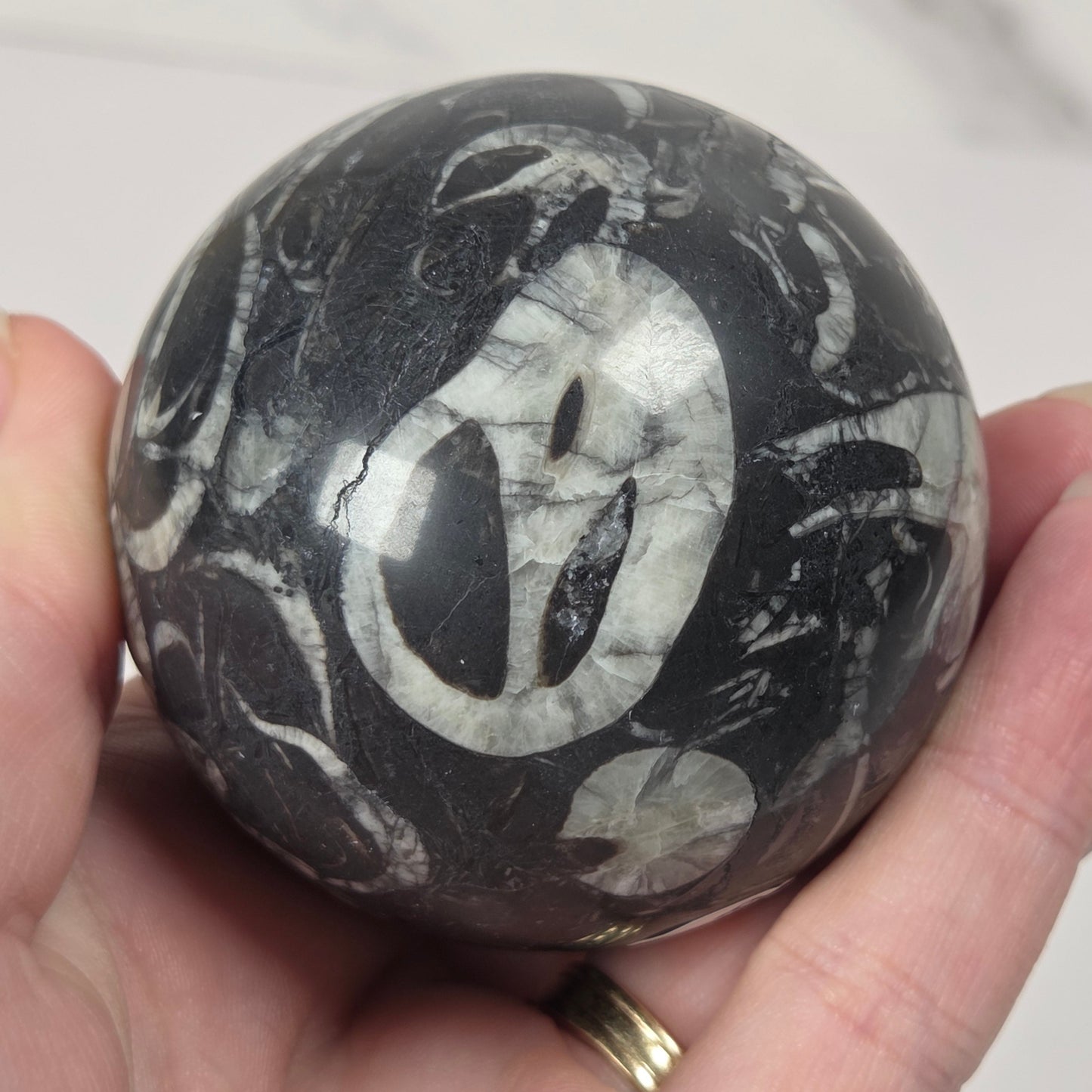 A hand holding a polished black and white marbled stone sphere, showing a white circular inlay pattern on a dark background.